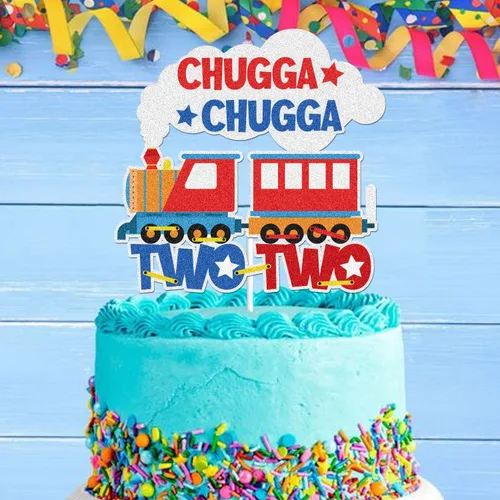 Vista 3 de Chugga Chugga Two Two 2 Train Happy Birthday Cake Topper 2, 2 años de edad, 2º cumpleaños, suministros de fiesta temática de ferrocarril para bebés