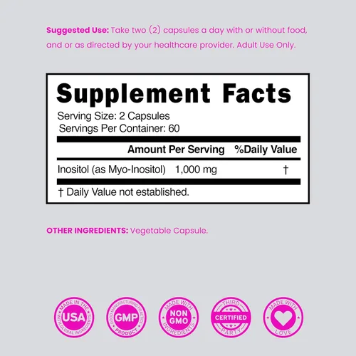 Vista 6 de Cápsulas de inositol (mio-inositol) (1000 mg por porción, 120 cápsulas), suplemento de mio-inositol para mujeres, apoyo al equilibrio hormonal