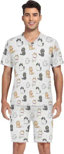 Vista 4 de KOPIRIT Conjunto de pijama de dinosaurio para hombre, conjunto de pijama con cuello en V, conjunto de 2 piezas, pantalón con bolsillo