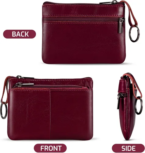 Vista 2 de Monedero de cuero genuino con triple cremallera para tarjetero con llavero, Rojo vino, Monedero