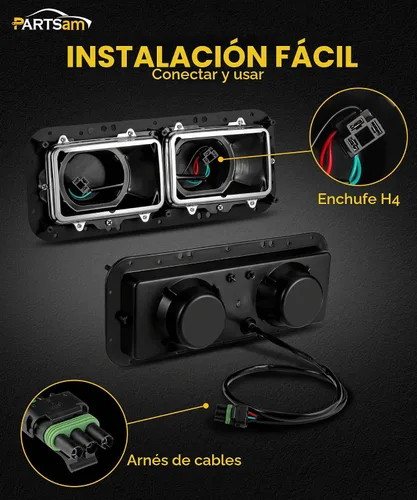 Vista 4 de Base de carcasa de faro PARTSam con enchufes H4, arneses de cableado, bisel de acero inoxidable de repuesto para Kenworth T600 T800 W900, Peterbilt