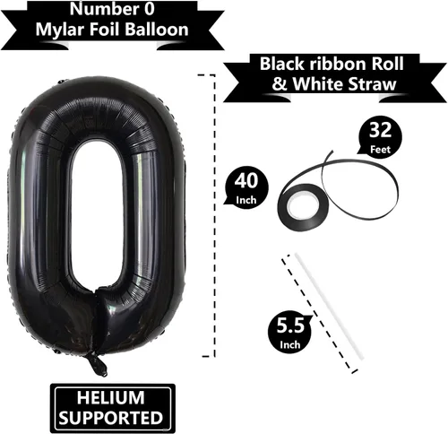Vista 3 de Globos gigantes de números negros de 40 pulgadas, globos de aluminio de Mylar con helio para cumpleaños, globo número 0 para decoración de fiestas