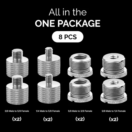 Vista 6 de Juego de Adaptadores para Soporte de Micrófono - Kit de 8 Piezas de Adaptadores de Trípode de Metal - 5/8 Hembra a 3/8 Macho y 1/4 Hembra a 5/8