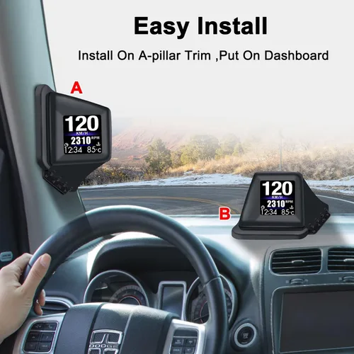 Vista 6 de Geloo Pantalla frontal HUD para automóvil, pantalla HUD OBD2 con OBDII GPS Dual System OBD2 Velocímetro Medidor 8 modos Multifunción Medidor