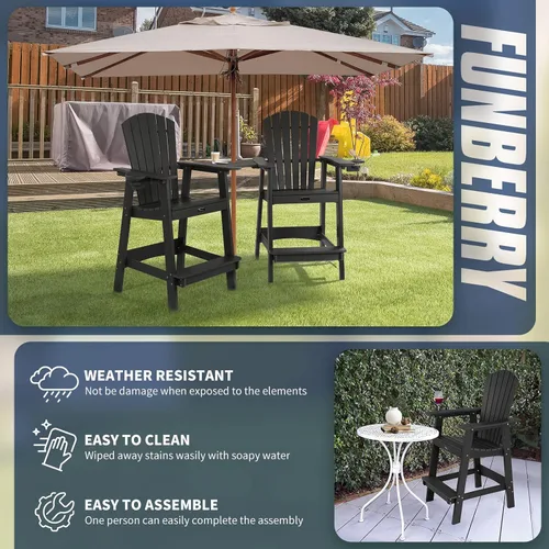 Vista 4 de FUNBERRY Juego de 2 sillas altas Adirondack con mesa de conexión extraíble, silla de balcón alta para todo tipo de clima con portavasos 2