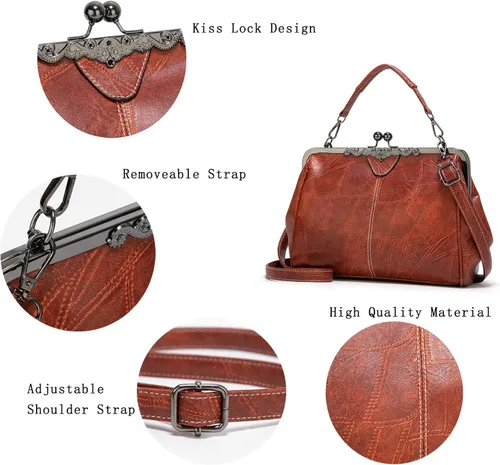 Vista 5 de Bolsos vintage para mujer Kiss Lock para mujer, cuero aceitado, bolso de mano