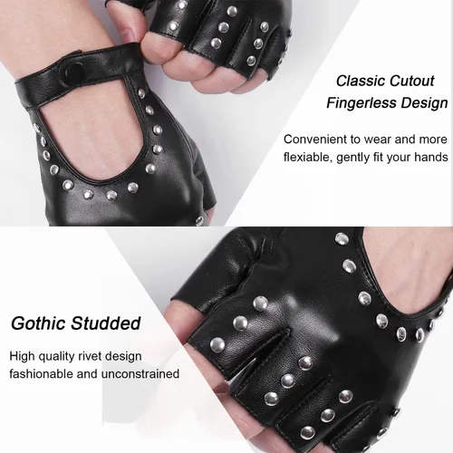 Vista 5 de FLORVIV Guantes negros sin dedos de piel sintética gótica gótica cosplay disfraz punk Halloween actuación para mujeres