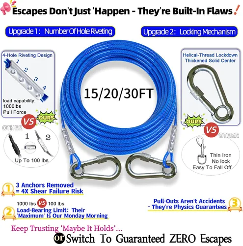 Vista 2 de TOPKNOT Cable y Estaca de Acero Inoxidable de Servicio Pesado de 15 Pies para Atar Perros, Carrera para Perros con Giro de 360°, A Prueba de Óxido