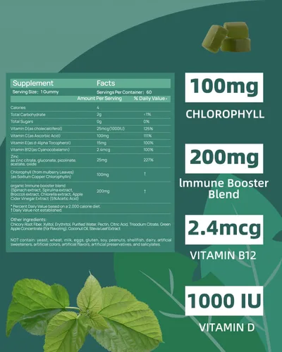 Vista 3 de Gomitas de clorofila para olor corporal, sin azúcar, 120 unidades, suplemento desodorante interno para mujeres/hombres con ACV Chlorella Spirulina