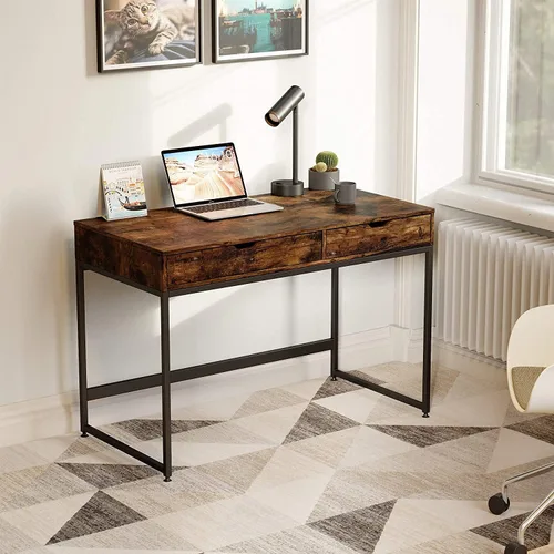Vista 2 de Bestier Escritorio rectangular pequeño para oficina, estación de trabajo, tocador, maquillaje, estilo simple, minimalista, elegante, con 2 cajones