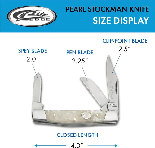 Vista 3 de Rite Edge Cuchillo de Bolsillo Stockman de 4" – Cuchillo Plegable de 3 Hojas con Cuchillas de Acero Inoxidable y Mango de Perla Blanca – Cuchillos