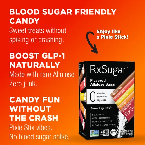 Vista 4 de RxSugar Swealthy Stix 30 paquetes de palitos de caramelo sin azúcar Edulcorante de alulosa 0 calorías, 0 carbohidratos netos, 0 glucémicos