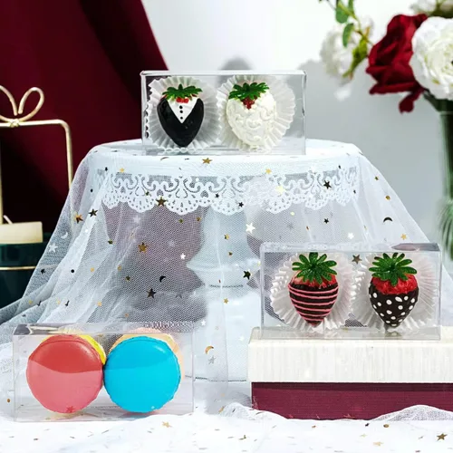 Vista 6 de RomanticBaking - Cajas de fresas cubiertas de chocolate transparente, paquete de 50 4 1/2" x 2 1/4" x 2", para 2 macarrones, para 4 panaderías