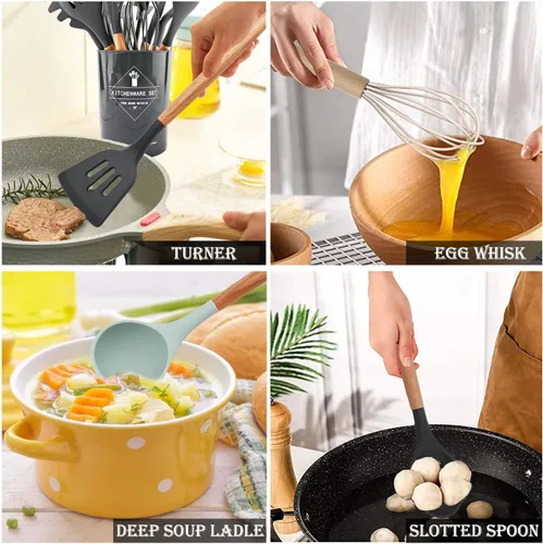 Vista 2 de Juego de utensilios de cocina de silicona negra con soporte de cubo de almacenamiento, mango de madera antiadherente, utensilios de cocina