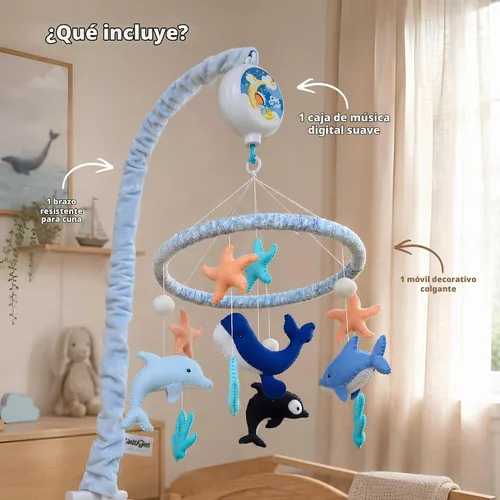 Vista 2 de Ocean Baby Mobile para cuna, cuna móvil con música, criaturas marinas