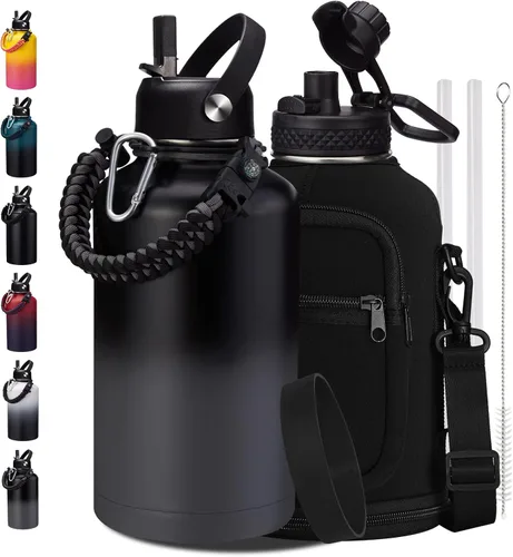 Vista 13 de Botellas de agua de 32 onzas aisladas con pajita y tapa para beber de un sorbo, asa de paracord, bolsa de transporte con correa, termo de triple