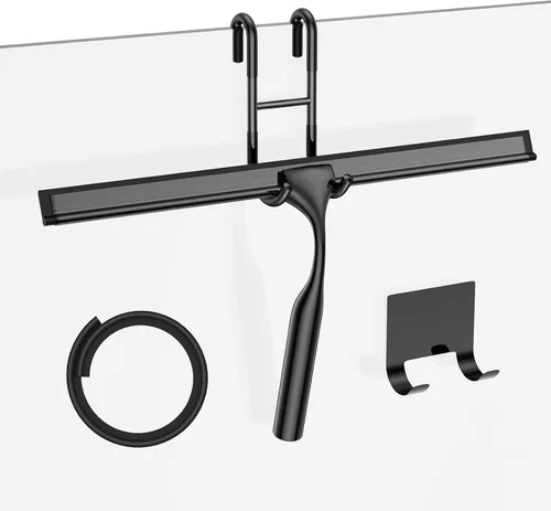 Vista 9 de Shower Squeegee for Glass Doors, 10-Inch Stainless Steel Squeegee Bathroom Doors Mirror Car Windows with Matching Hooks Holder and Replacement Blade