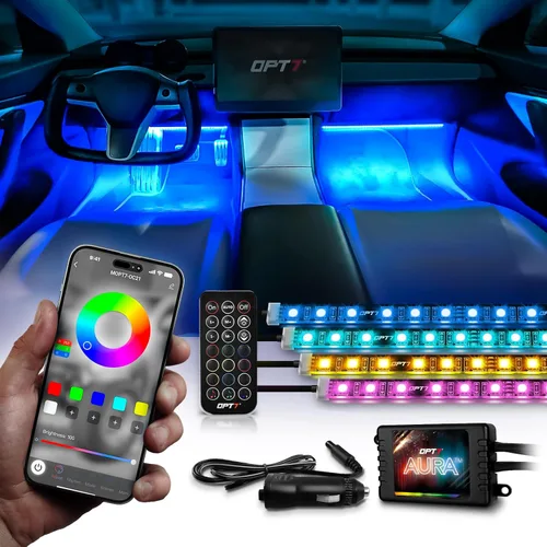 Vista 12 de OPT7 Aura Pro 4 piezas Tiras de luz LED dobles para interior de auto con APP y control remoto, modo multicolor, kit de iluminación de acento de neón
