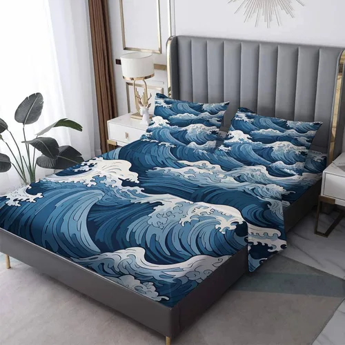 Vista 8 de Juego de sábanas de 3 piezas con diseño de mar y puesta de sol, tamaño individual, juego de sábanas y fundas de almohada estampadas de microfibra