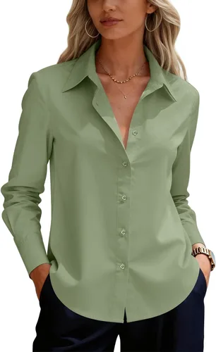 Vista 28 de siliteelon Camisas de vestir con botones para mujer, camisas de vestir de manga larga para mujer, camisas de trabajo de algodón de ajuste regular