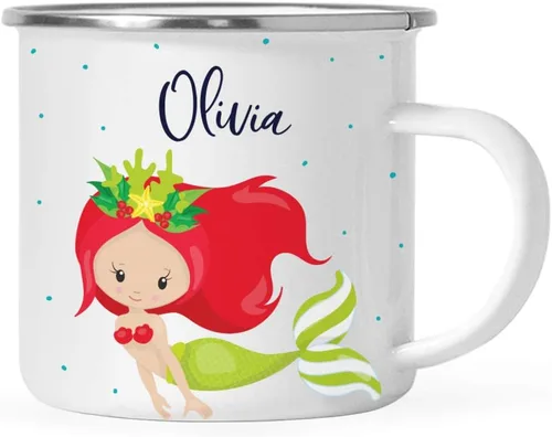 Vista 7 de Andaz Press Taza de café de acero inoxidable con nombre personalizado de 11 onzas para niños, diseño de sirena festiva, 1 paquete, taza de Navidad
