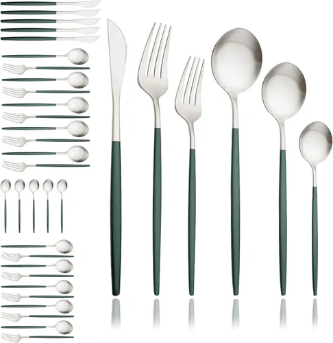 Vista 13 de JASHII Juego de cubiertos mate de 36 piezas con mango plano acabado satinado negro acero inoxidable cubiertos servicio para 6 para cocina casera