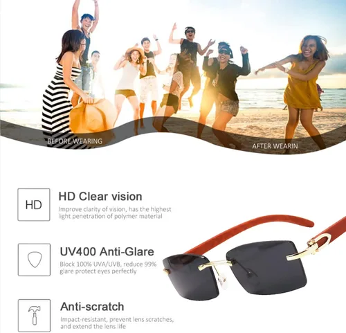 Vista 3 de Dollger Gafas de sol rectangulares sin montura para hombres y mujeres diseño de madera hip-hop pequeñas gafas de sol cuadradas sin marco de los años