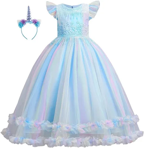 Vista 7 de Vestido de tul de unicornio arcoíris para niñas, vestido de princesa para cumpleaños, Halloween, Navidad, concurso de baile, fiesta de baile