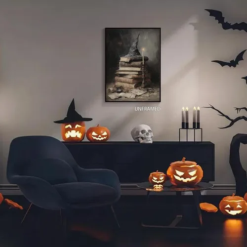 Vista 2 de Póster de lienzo vintage de Halloween de Academia oscura gótica, victoriana, bruja, arte de pared espeluznante casa embrujada, arte abandonado
