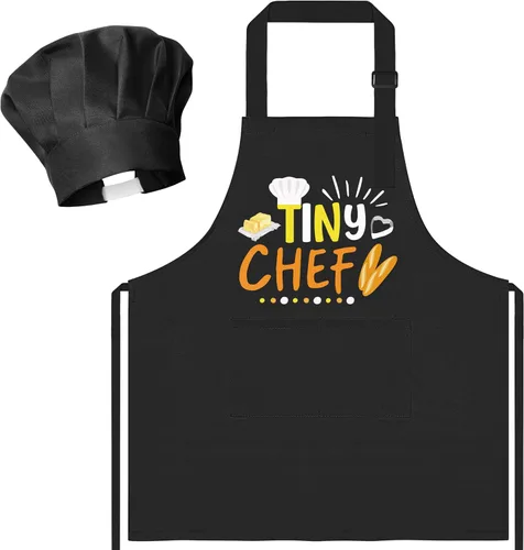 Vista 34 de R HORSE Juego de delantal y sombrero de chef para niños, 2 piezas, mini parrilla ajustable, delantal de cocina para niños, juego de rol, juguete