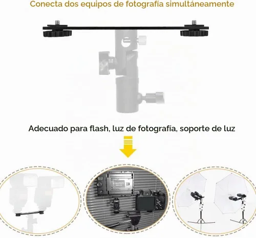 Vista 5 de Soporte de flash dual 8in/20.3cm Soporte de trípode de montaje de cámara con tornillo de 1/4 soporte de luz de flash para micrófono de luz LED 3D