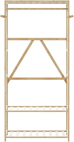 Vista 3 de Perchero de bambú independiente con 3 estantes de almacenamiento y ganchos, soporte de ropa resistente para dormitorio, pasillo, 31.5 x 15.7 x 68.9