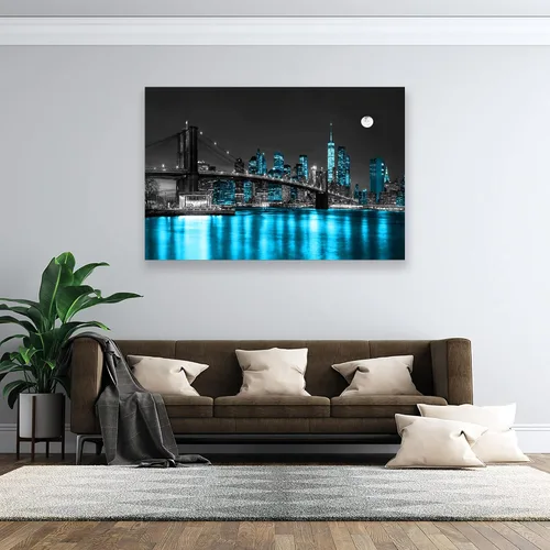 Vista 3 de Aibonnly Arte de Pared Pintura en Lienzo Negro, Blanco y Azul Puente de Brooklyn de Nueva York 1 Pieza Paisaje Urbano Nocturno Edificio Imagen