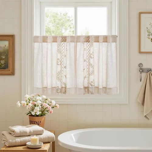 Vista 9 de jinchan Cortinas de lino floral beige para cocina, 24 pulgadas, 2 paneles A Beige
