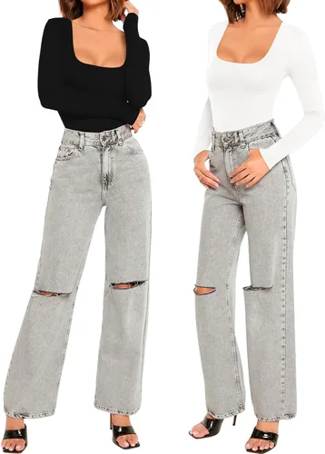Vista 6 de Allchic Body básico de manga larga con cuello redondo para mujer