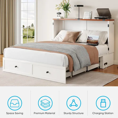 Vista 3 de Mjkone 57" W Full Murphy Bed with Tri-fold Mattress, White