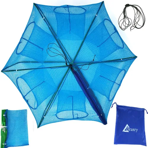 Vista 8 de Drasry Black Fishing Bait Trap Foldable Fish Net for Minnow Crab Crayfish Crawdad Shrimp Trap Cast Net Dip Cage Collapsible Easy Use 4 6 Hole