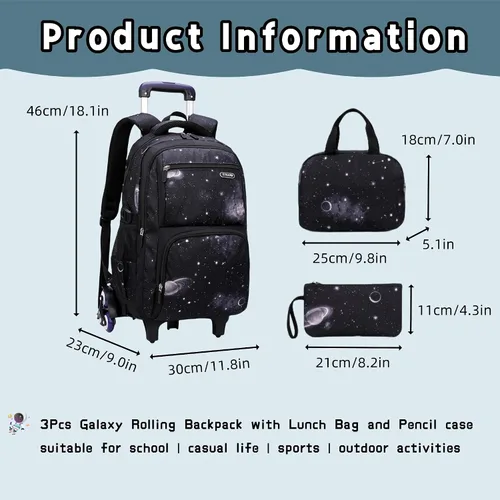 Vista 3 de Mochila con ruedas para niños de primaria con estampado galaxia, mochila con ruedas, 3Pcs-Black-Galaxy., 3Pcs Rolling Backpack Set, Portátil
