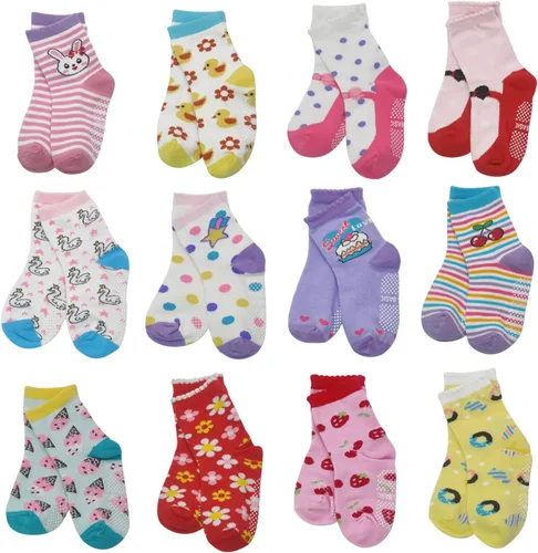 Vista 10 de SkiBeaut Calcetines antideslizantes para niños y niñas de 1 a 7 años, 12 pares de calcetines para niños y niñas