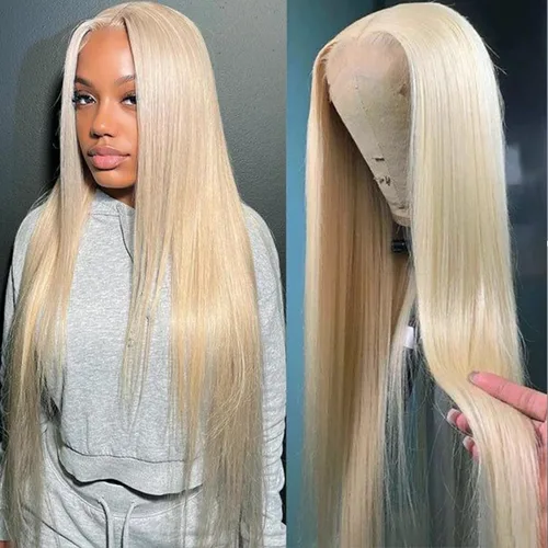 Vista 8 de Lovestory Peluca de encaje frontal larga y recta color blanco platino, predepilada, rubio platino, pelucas de encaje frontal sintético para mujeres