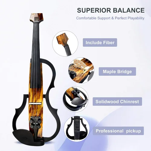 Vista 5 de Violín eléctrico premium de fibra de carbono tamaño completo 4/4, violín eléctrico profesional para adultos, adolescentes, principiantes, kit