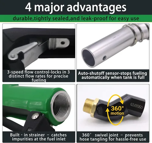 Vista 5 de Boquilla de combustible de 1 pulgada NPT con apagado automático verde para bomba de gasolina, boquilla resistente con manguera de combustible
