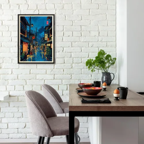 Vista 4 de Podafu Arte de Pared en Lienzo de Casa de Té Japonesa de Tokio - Decoración Moderna Ukiyo-e - Marco Negro - 10L" x 8W" - Dormitorio y Sala de Estar