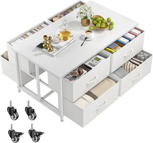 Vista 8 de EnHomee - Mesa de café con almacenamiento, mesas de café modernas para sala de estar con 4 ruedas, mesa central con cajón de tela y gran espacio