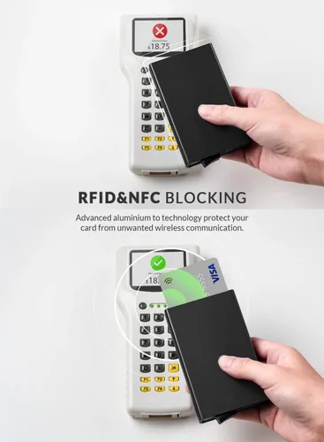 Vista 28 de VULKIT Cartera desplegable, soporte minimalista para tarjetas de crédito, bloqueo RFID, funda de metal delgada para hombres