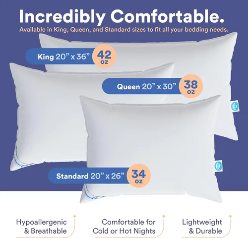 Vista 3 de Continental Bedding Almohada de plumas de 50/50, suave calidad hotelera, soporte para dormir lateral, algodón transpirable de 300 hilos, certificado