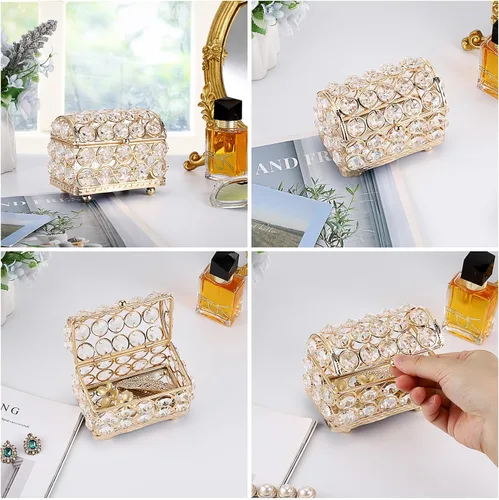 Vista 9 de ELLDOO Joyero de cristal, caja organizadora de aretes, anillos, decoración del hogar, caja decorativa con tapa, regalo dorado para San Valentín
