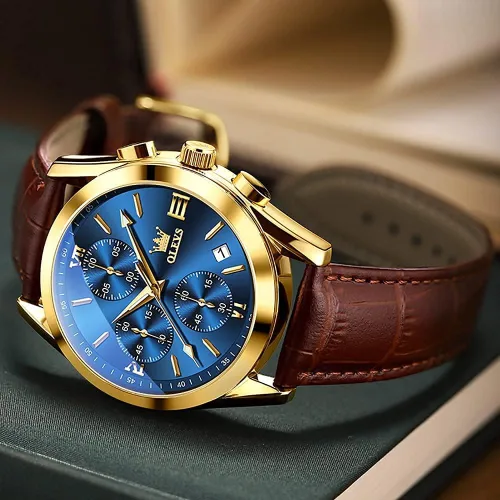 Vista 5 de OLEVS Reloj cronógrafo de cuarzo para hombre correa de cuero dorada con fecha de día reloj de pulsera de acero inoxidable impermeable relojes
