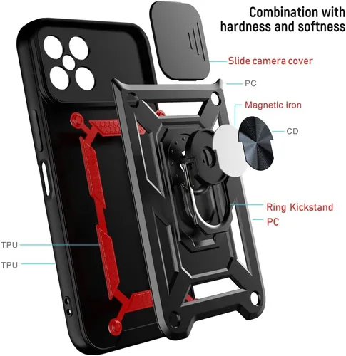 Vista 2 de Compatible con Xiaomi Redmi A1 Funda para Teléfono, Compatible con Redmi A2 4G Soporte Magnético [PC + TPU] Lente deslizante 2 en 1 Soporte Negro
