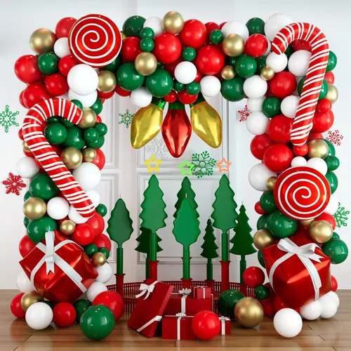 Vista 4 de DBKL Kit de guirnalda de globos de 152 piezas para Navidad, rojo, blanco, verde, dorado, globos en forma de bastón de caramelo, caja de regalo